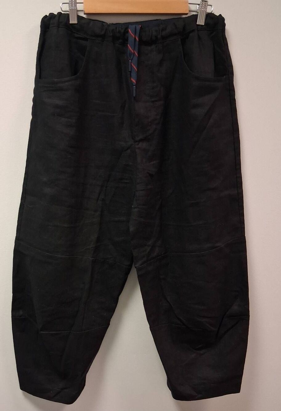 Roucha women medium pace linen pants black barrel leg elastic draw string waist